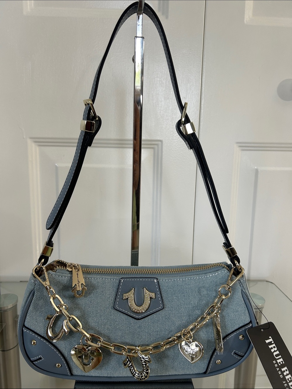 NWT True Religion Light Blue Denim Shoulder Bag with Silver Chain Charms